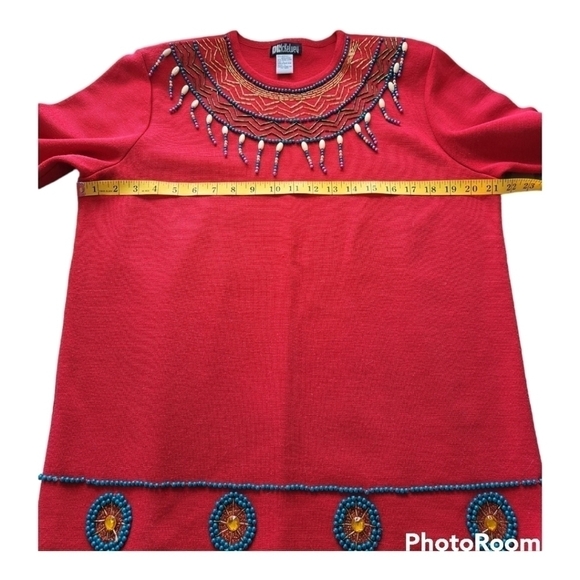 DL Mckelvey sweater red wool pullover faux pearl detail indian style size L - Picture 14 of 15